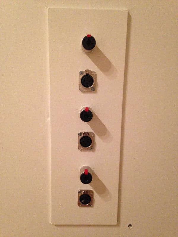 Audio interface panel with five connection ports and red adjustment knobs.