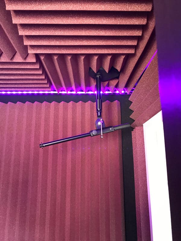 Acoustic treatment panels and microphone stand in a soundproof recording studio.