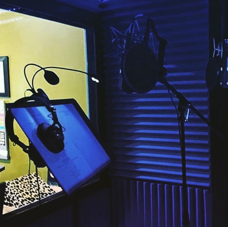 Soundproof recording studio with microphones and a music stand in soft blue lighting.