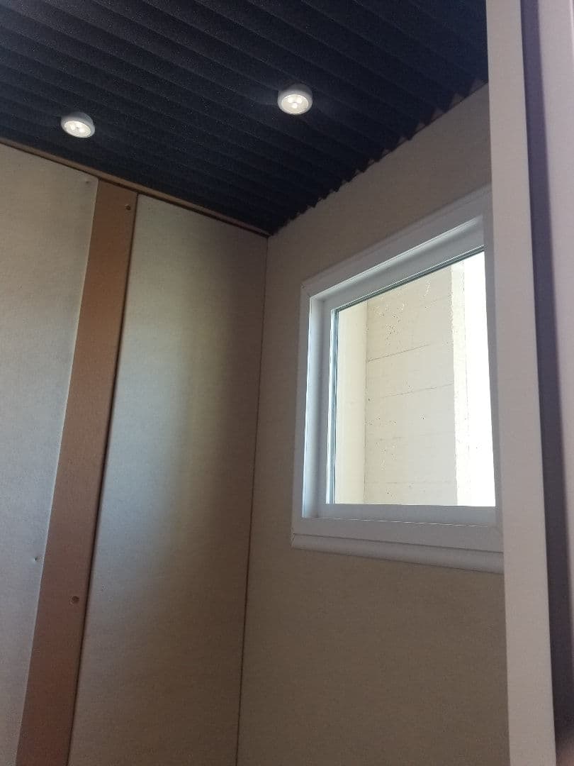 Interior view of a room featuring a window, modern ceiling with lights, and textured walls.