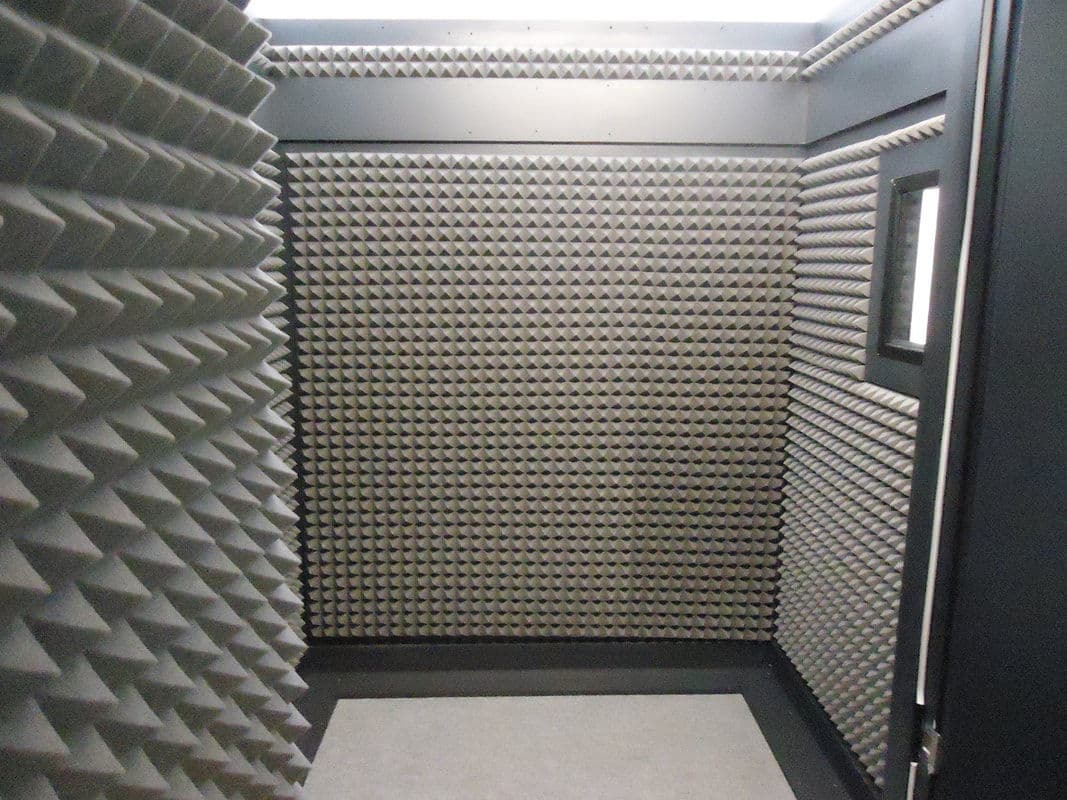 Soundproof anechoic chamber with foam paneling and a small window, designed for acoustic testing.